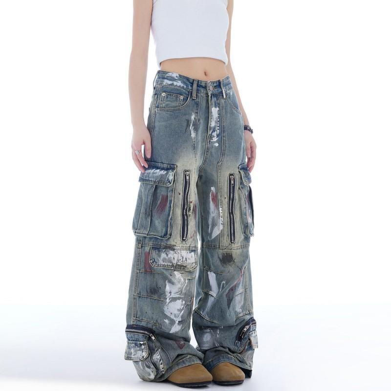Womens American Retro Graffiti Pocket Wide Leg Jeans High Waist Straight Work Pants Streetwear