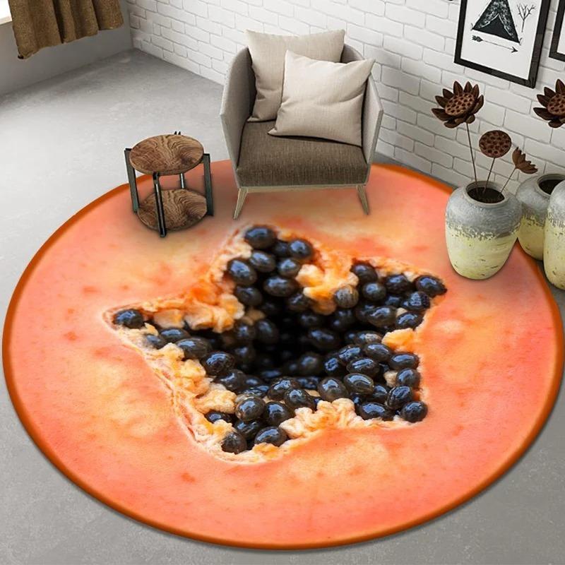 

Round Carpet with Fruit Pattern Including Orange, Lemon, Tomato, Kiwi Soft & Versatile, Fresh Natural Fruit and Vegetable Style 40x40cm
