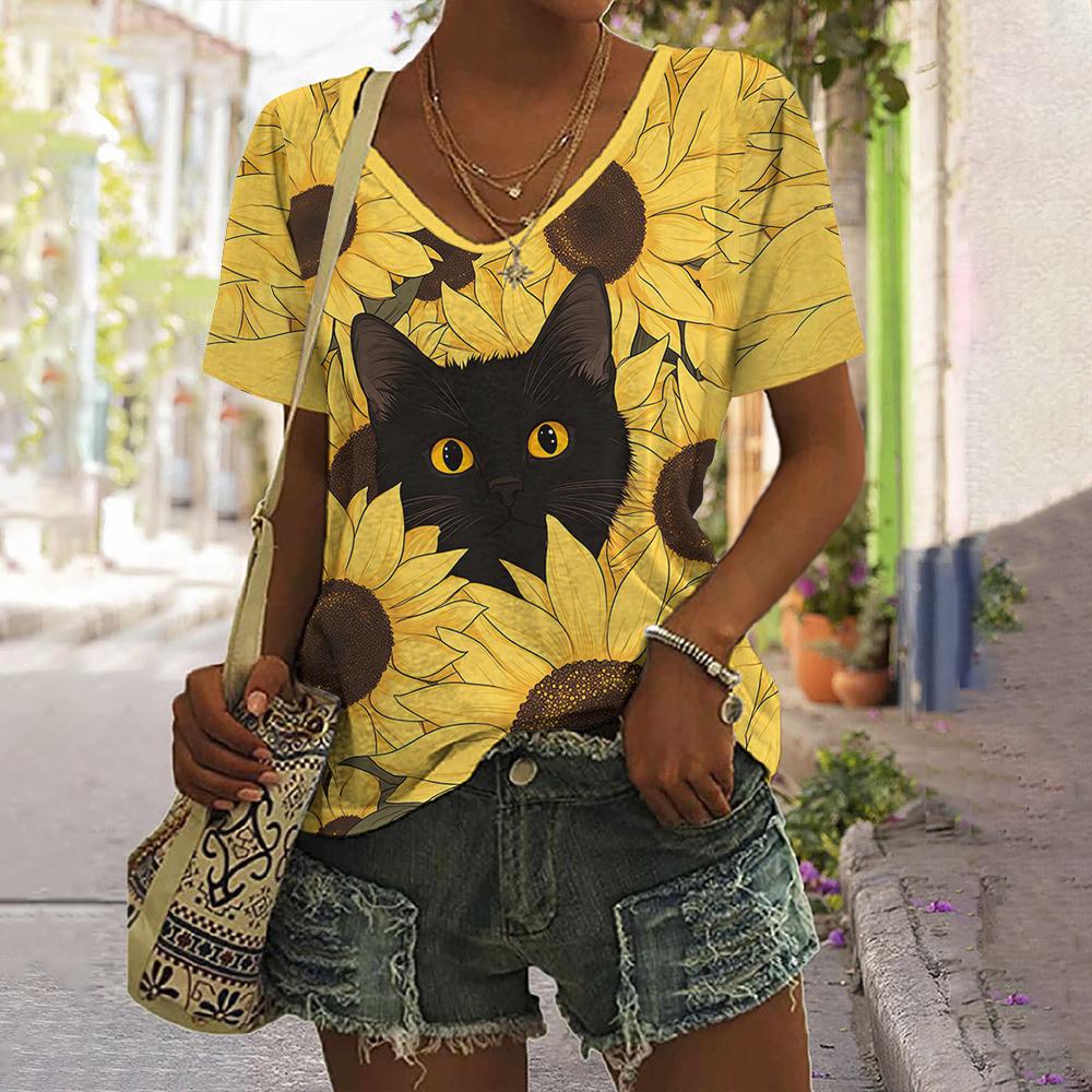 

Daily Fashion V-neck Short Sleeve Tops Sunflower Patterns Printed Plus Size Loose Women s Clothing Outdoor T-Shirt 5XL