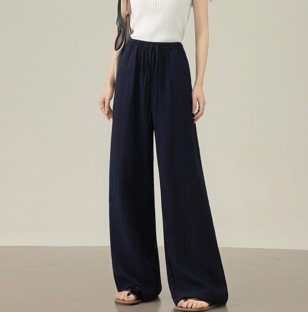 Women's Dark Blue Tencel Linen Anti-Wrinkle High Waist Wide Leg Pants - Summer Cool Thin Straight Leg Design