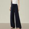 Women's Dark Blue Tencel Linen Anti-Wrinkle High Waist Wide Leg Pants - Summer Cool Thin Straight Leg Design