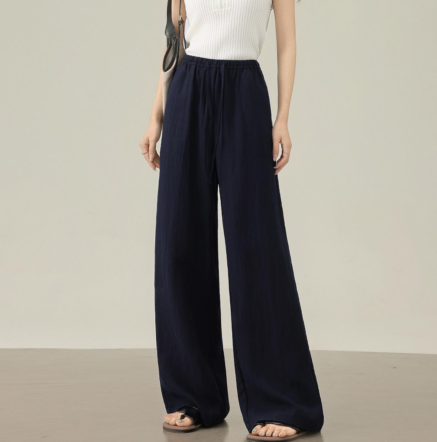 

Women s Dark Blue Tencel Linen Anti-Wrinkle High Waist Wide Leg Pants - Summer Cool Thin Straight Leg Design Small темно-синий
