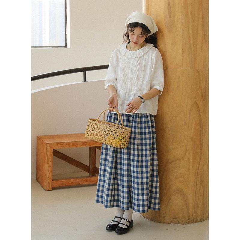 Summer Models Know Literature and Art Xiaoqing Doll Collar Pleated Five-quarter Sleeve Shirt Women