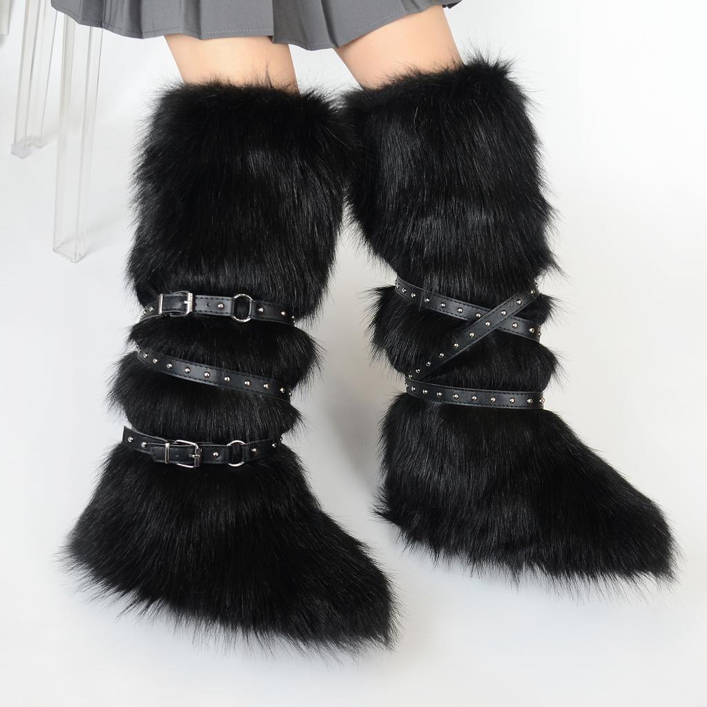 Women's Faux Fur Snow Boot Winter Warm Fluffy Long Furry Long Boots for Women Outdoor Fuzzy Knee-High Boots Plush Warm Snow Shoes for Outdoor Indoor