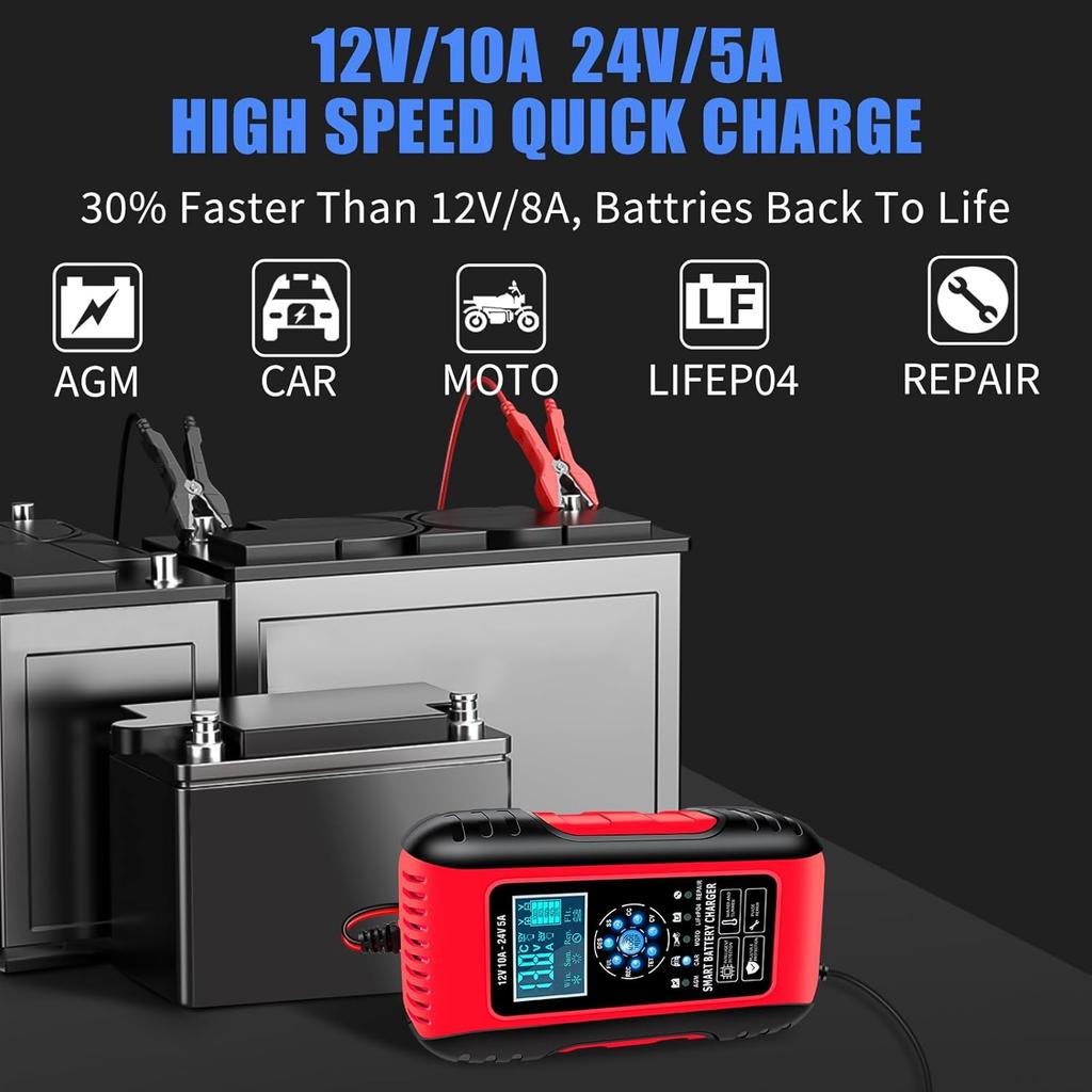 E-FAST Battery Charger, 10A Lifepo4 Lead Acid Car Battery Charger, Upgraded Automobile Trickle Charger 12/24V, All In 1 Battery Maintainer, For Truck