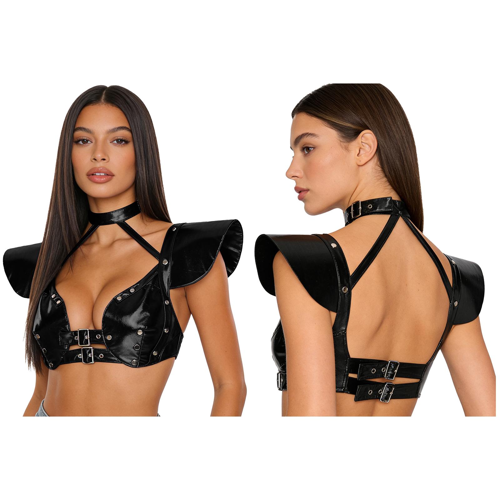 

Ladies Gothic Crop Top S-XXL Metallic Sheen Halter Neck Fly Sleeve Studded Adjustable Corset Style with Shoulder Armor for Club Night M чорний