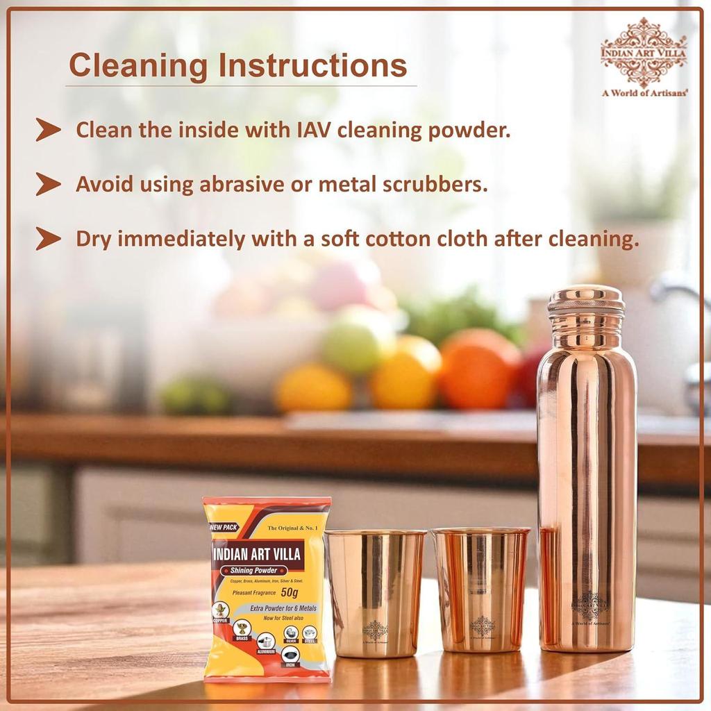 Copper Drinkware Gift Set of Plain Shine Finish Design 1 Bottle & 2 Glass with Gift Box, Gift Item for Diwali, Bottle-900 Ml & Glass-275 Ml