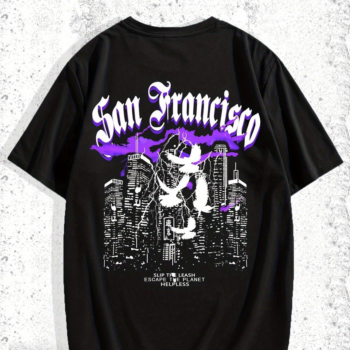 Men s Casual San Francisco Graphic Tee - Soft Polyester, Crew Neck, Short Sleeve with Peace Dove & Cityscape Design, Breathable Summer Shirt L чёрный