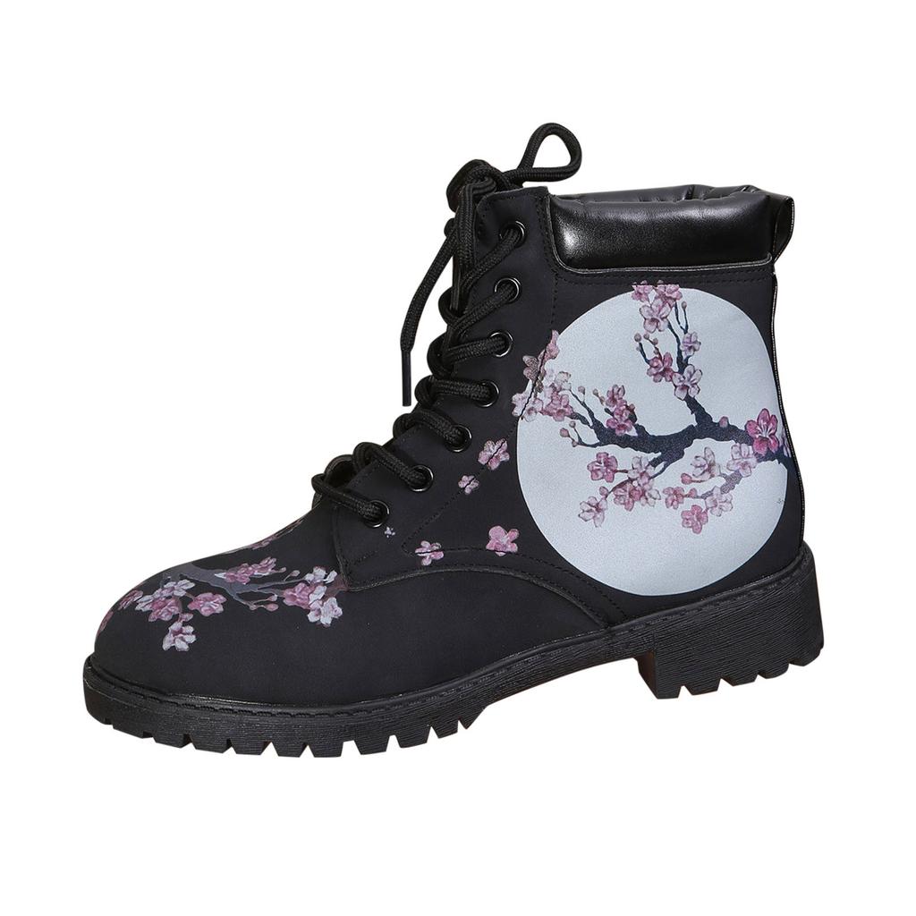 Ladies Fashion Leather Floral Print Lace Up Chunky Heel Short Boots Hiking Boots for Women Support