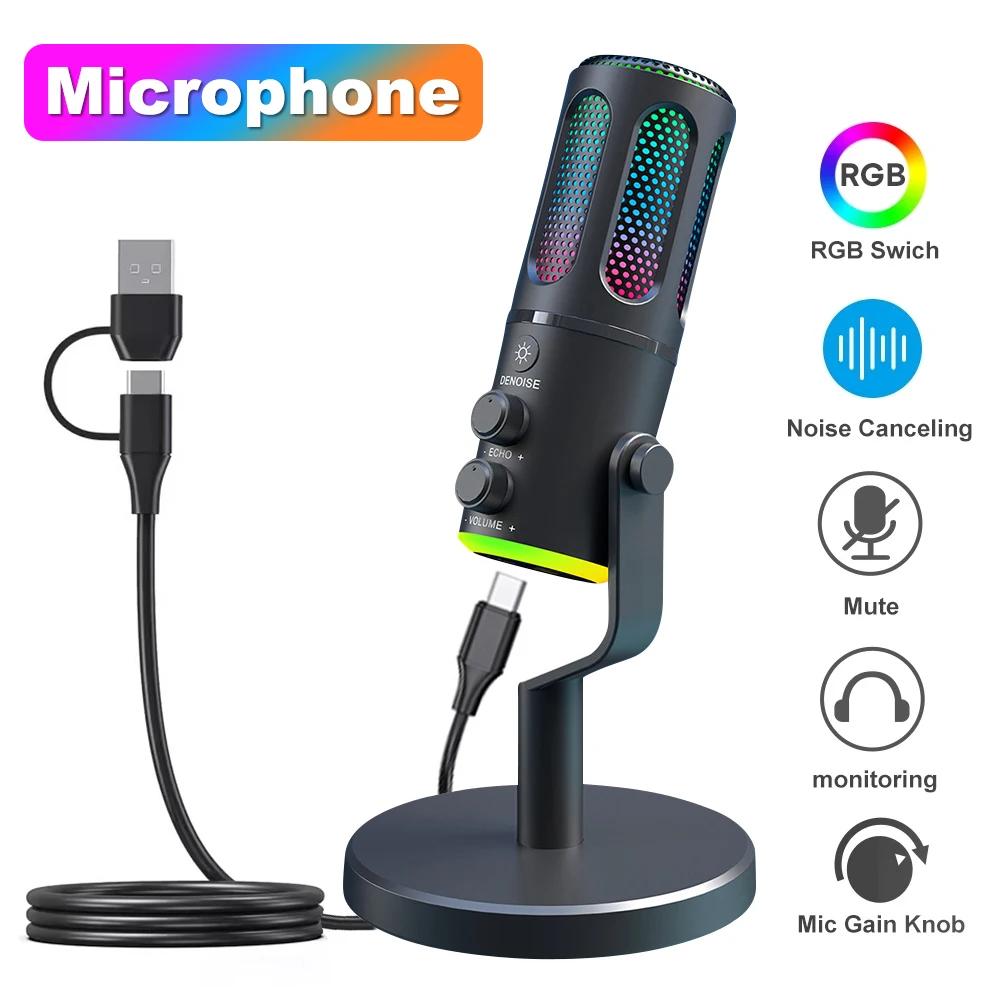 Professional RGB Condenser Microphone for Laptop USB PC Mic with Earphone Jack for Gaming Streaming Video Recording Broadcast