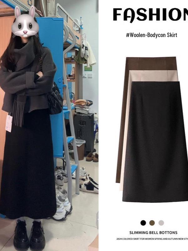 Woolen Korean Style Mid-Length A-line Skirt for Women - Autumn/Winter, Warm, Loose Fit, Hip-Hugging Split Design