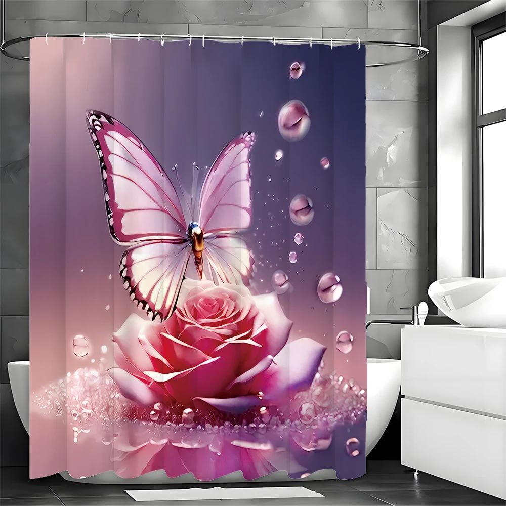 Butterfly Rose Shower Curtain, Bathroom Decorative Shower Curtain, Waterproof Shower Curtain with Hooks