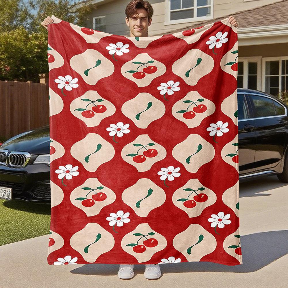 1pc Cherries Flowers Outdoor Flannel Blanket Soft Warm All-Season Throw for Sofa Bed Car Camping Office, Cozy Gift Idea1249S