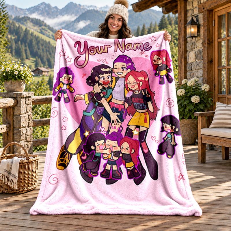 Kpop Demon Hunters Custom Name Flannel Blanket Personalized Soft Warm Plush Throw Blanket Customized Gift for Family Friends