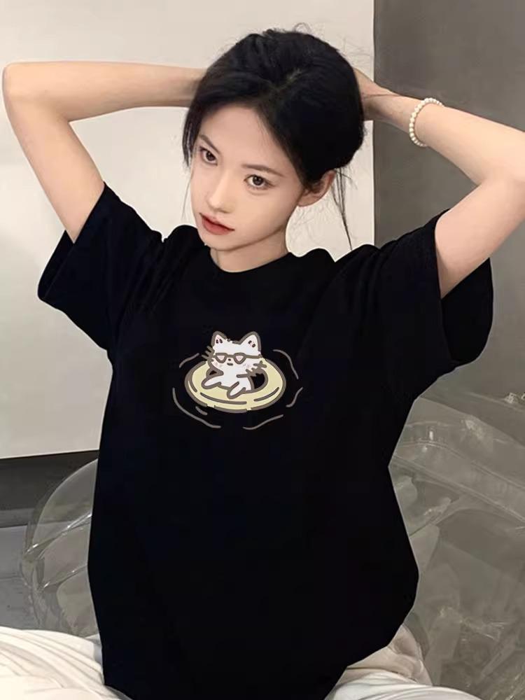 

Women s 2025 Trendy Black Pure Cotton Loose Short-Sleeve T-Shirt XXL