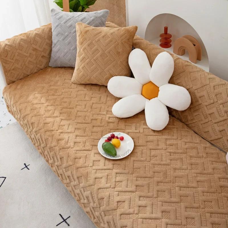 Leaf Patterned Plush Sofa Cushion Pillowcase Solid Color Anti Slip Winter Sofa Towel Wave Edged Diamond Patterned Sofa Cover