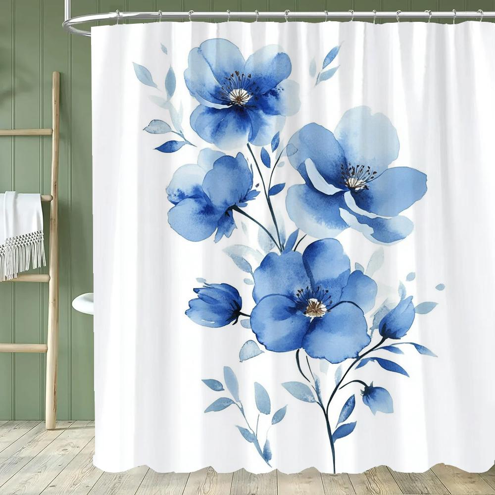 Beautiful Flowers Shower Curtain for Bathroom Blue Floral Romantic Wildflower Plants Nature Scenery Home Decor Curtain with Hook