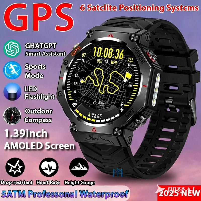 GPS Smart Watch ChatGPT AI 5ATM Waterproof Bluetooth Call Built-in Compass Altimeter Barometric Sport Watch with LED Flashlight