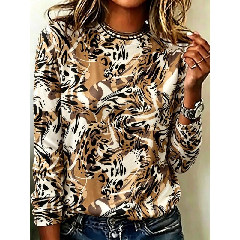 Women's Colorful Leopard Print Long Sleeve T Shirt, Blue Orange Animal Pattern Crew Neck Casual Women Clothing Tops Tees