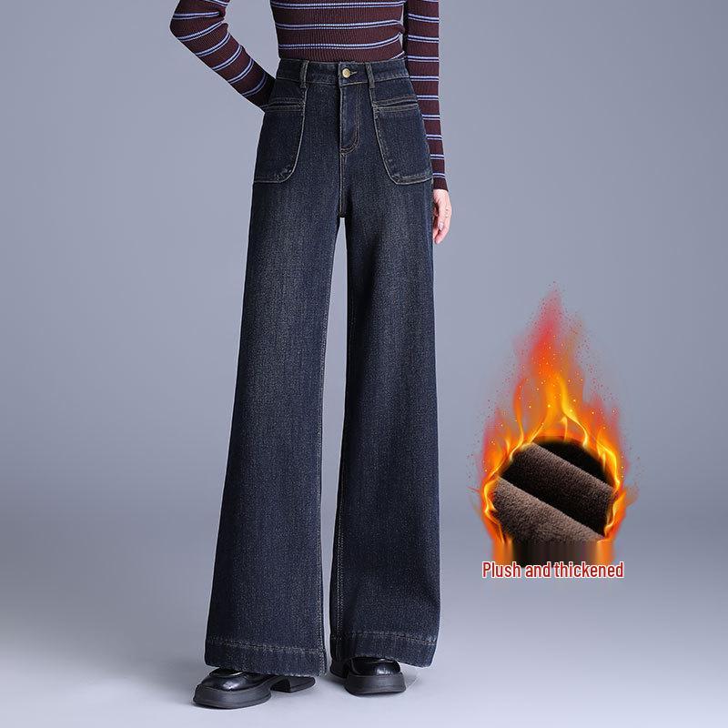 

Women s Fleece-Lined Wide-Leg Denim Pants - 2024 Autumn/Winter Fashion High-Waisted Straight Trousers Size 26