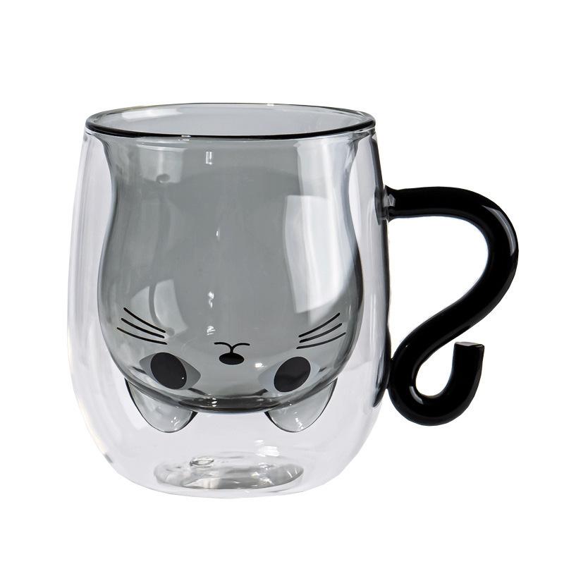 Creative cartoon cat double cup household large capacity drinking cup with handle transparent high temperature resistant glass coffee cup