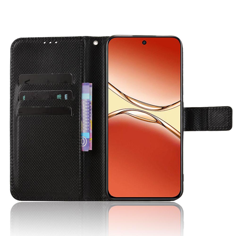 For Oppo A5 Pro 5G (China)/Oppo F29 Pro 5G (Global) Leather Wallet Case with Strap Diamond Texture Phone Cover