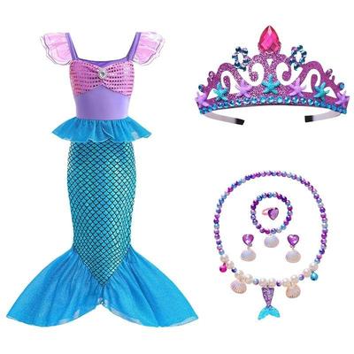 Mermaid Costume Dress Girls 3-8 Years Princess Party Gown With Necklace Crown Wand Accessory Set