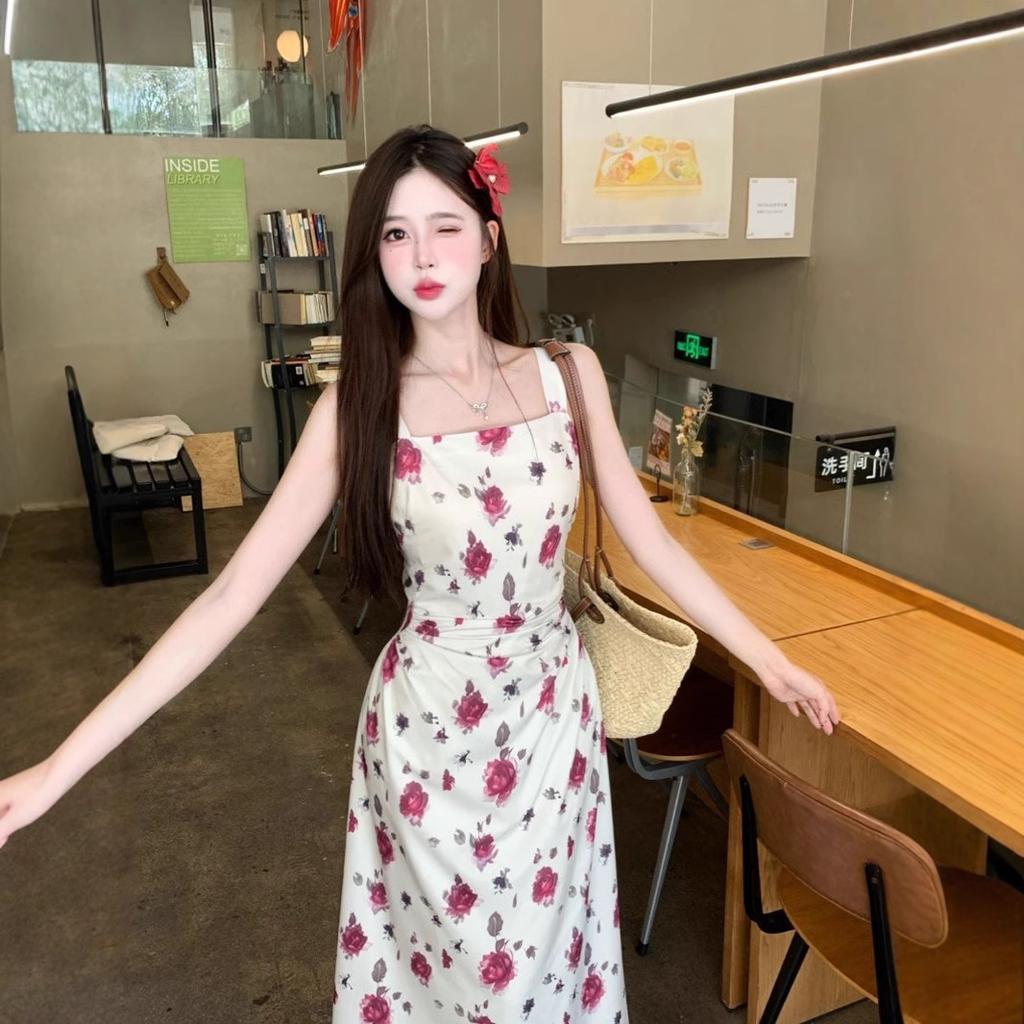 French Pure Desire Coffee Break Floral Suspender Dress Women's Summer Waist Super Fairy Seaside Vacation Temperament Long Dress Tide