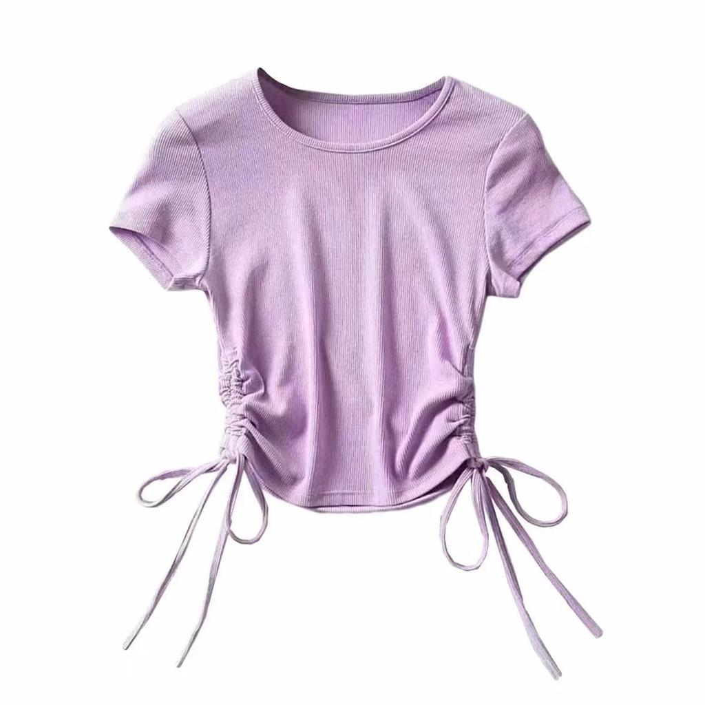 Pure Color Sexy Drawstring Women's Short-sleeved Round Neck Short Slim-fit Hem T-shirt Bottoming Shirt