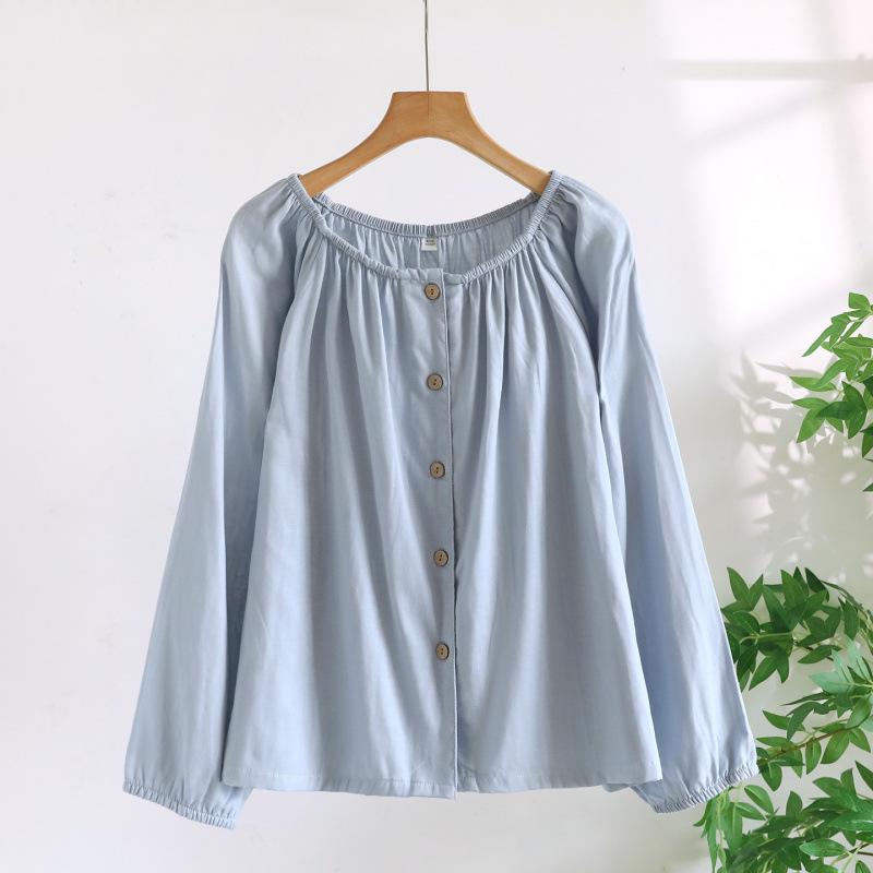 Women's Pure Cotton Gauze Pajama Set - Spring/Summer, Long Sleeve, Nine-Point Pants, Loose Fit, Japanese Style, Solid Color.
