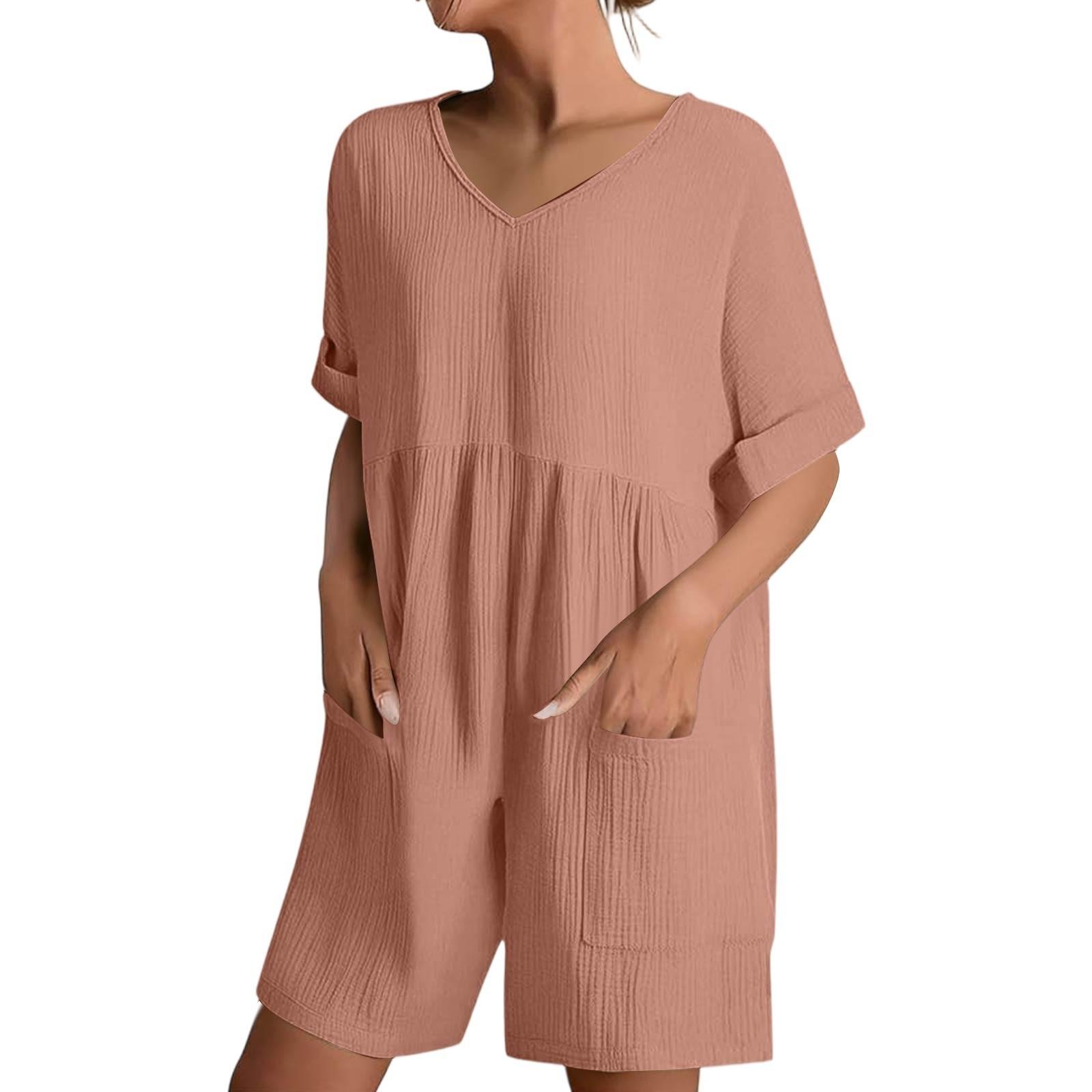 

Женские повседневные удобные шорты-комбинезон с v-образным вырезом, короткими рукавами и карманами XL розовый