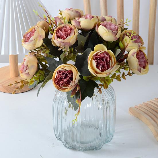 6 Heads Artificial Rose Flower Faux Silk Rose Bouquets with Leaf for Wedding Home Office Indoor Outdoor Decor