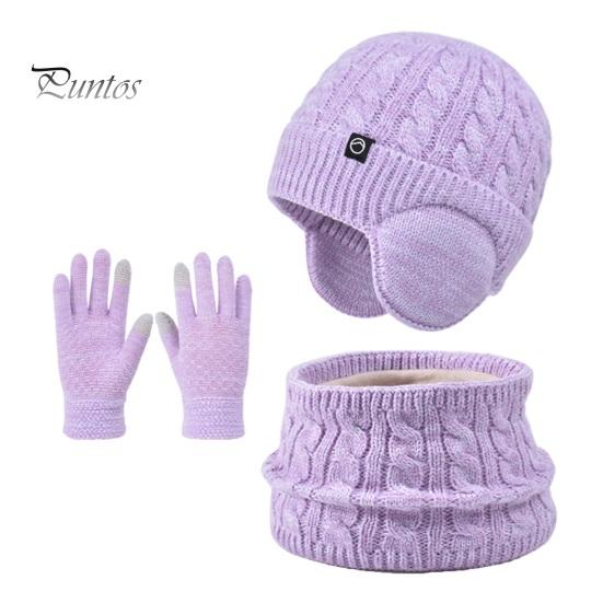 Girls Winter Warmth Set 3Pcs/Set Kids Hat Scarf Gloves Solid Color Twist Texture Fleece And Lining Earflap Touchscreen Neck Warmer Cold Weather