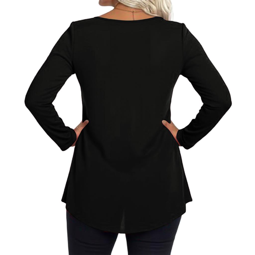 Ladies' Casual And Fashionable Round Neck Collar Lace Long Sleeved Solid Color T-shirt Plus Size Top