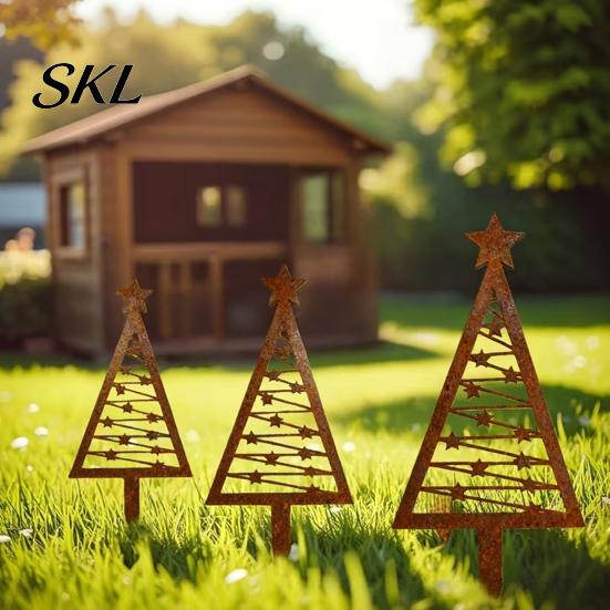 Rust Resistant Metal Stake 3Pcs Rustic Christmas Tree Stake, Weathered Iron Art Xmas Anti-rust Garden Design Decorative Sign for Yard Pathway