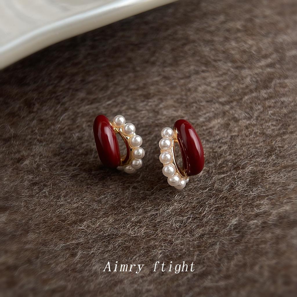 Легкая роскошь ретро бордовый жемчуг нишевый Гонконгский стиль элегантный женский ухо