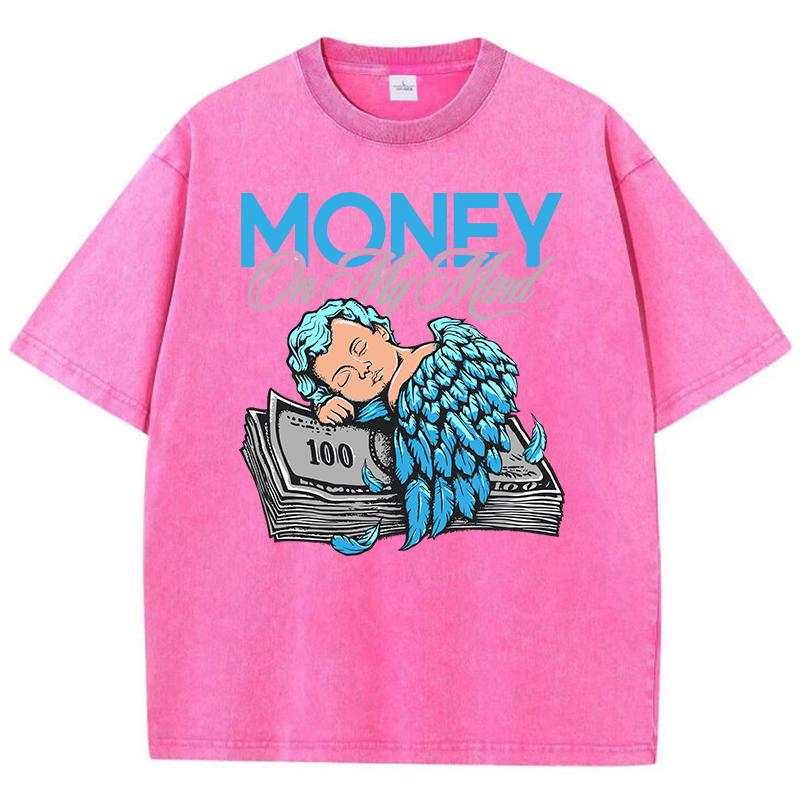 Vintage Dámská trička s kyselým praním Peníze v mé mysli Manga Anděl Potištěné topy Kulatý výstřih Bavlna Oversize Trička Módní oblečení