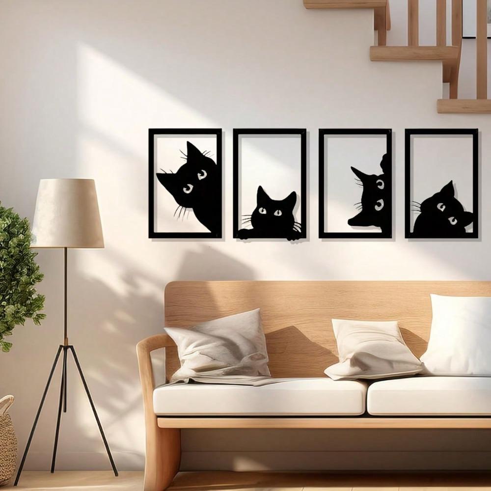 Four Piece Black Metal Cat Wall Art, Modern Animal Silhouette Sculpture Decor for Home Office Cafe