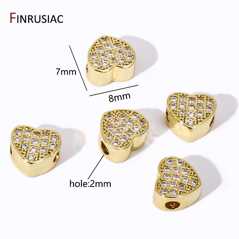 

18K Gold Plated Brass Heart Spacer Beads,Inlaid Zircon 8mm Loose Separators Beads For DIY Bracelet Necklace Making Supplies 2 pcs
