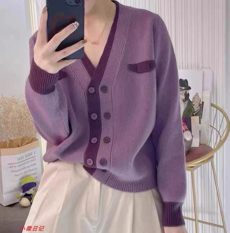 

Осенний новый универсальный двубортный иностранный свитер с V-образным вырезом, короткий вязаный кардиган Xiaoxiangfeng One Size фиолетовый