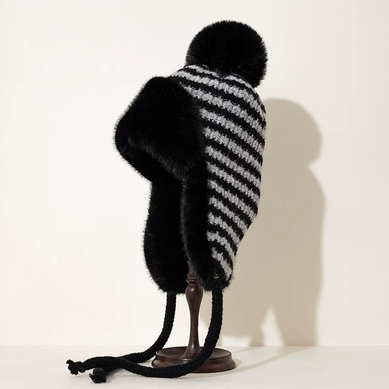 Hairball knitted hat women's winter velvet thickened ear protection hat striped cute warm cycling windproof wool hat