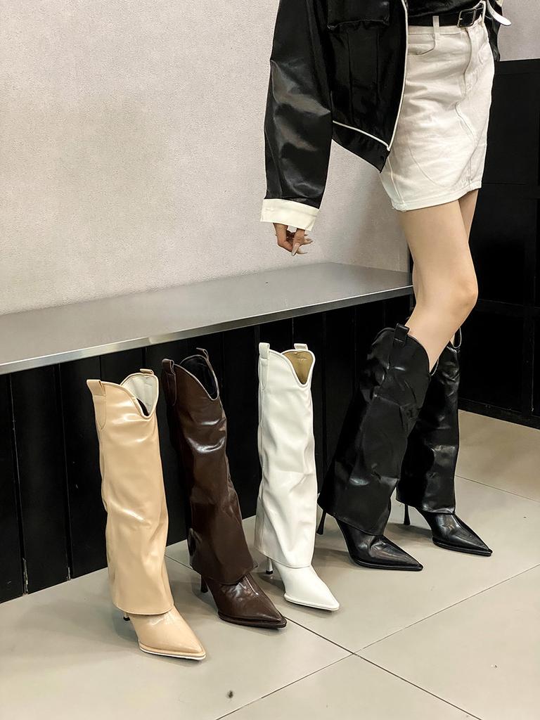 Fashion Pointed Toe Women Knee High Boots Stiletto Thin High Heels Beige White  Brown Slip On Fashion Dress Shoes Woman Size 35-40