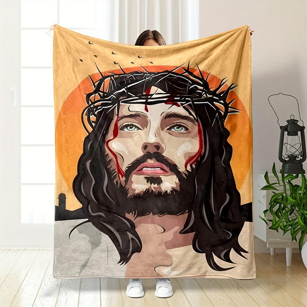 Jesus with Crown of Thorns Artwork Patterned flannel blanket perfect for the bedroom living room, sofa, or a little nap