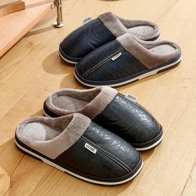 Übergröße Winter Freizeit Herren Hausschuhe Indoor Wasserdicht PU Leder Hausschuhe Fell Flach Warm Mode Schlafzimmer Hausschuhe