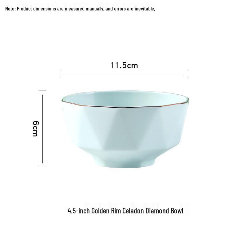 

10-Piece Gold-Rimmed Diamond Bowl Set: Elegant Celadon Rice & Fruit Bowls for Family Tableware. 4-piece Gold-rimmed Diamond Bowl 4.5 inch