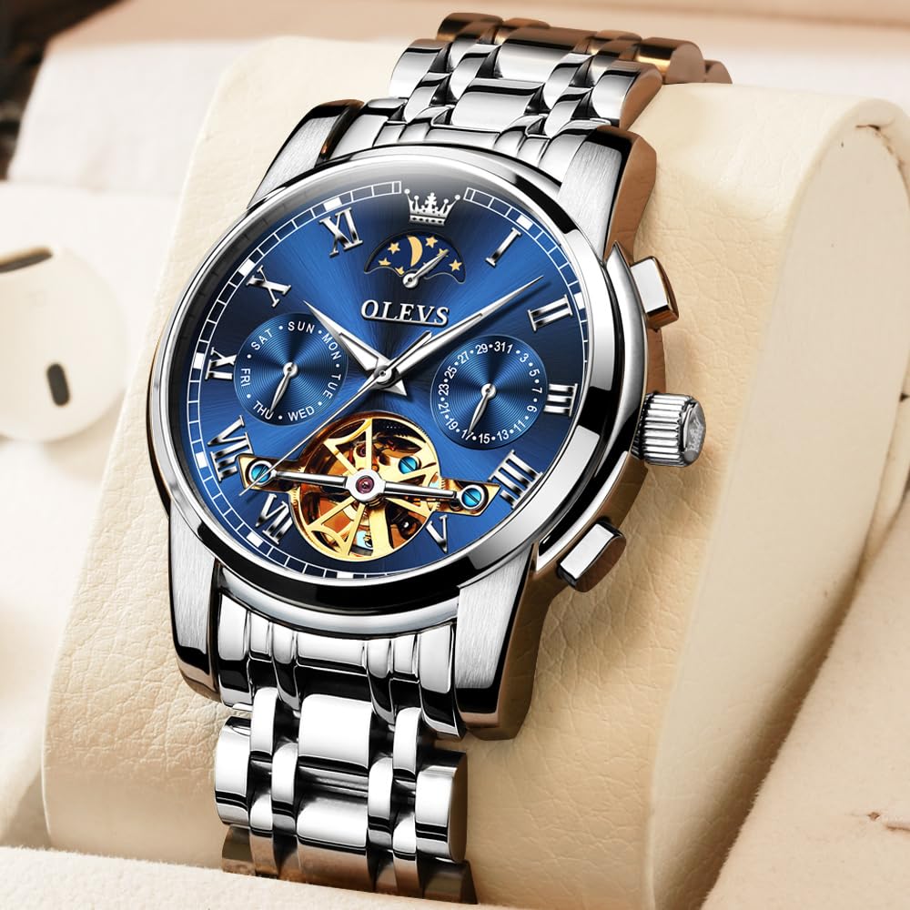 OLEVS Men's Mechanical Automatic Moon Phase Skeleton Watch Waterproof