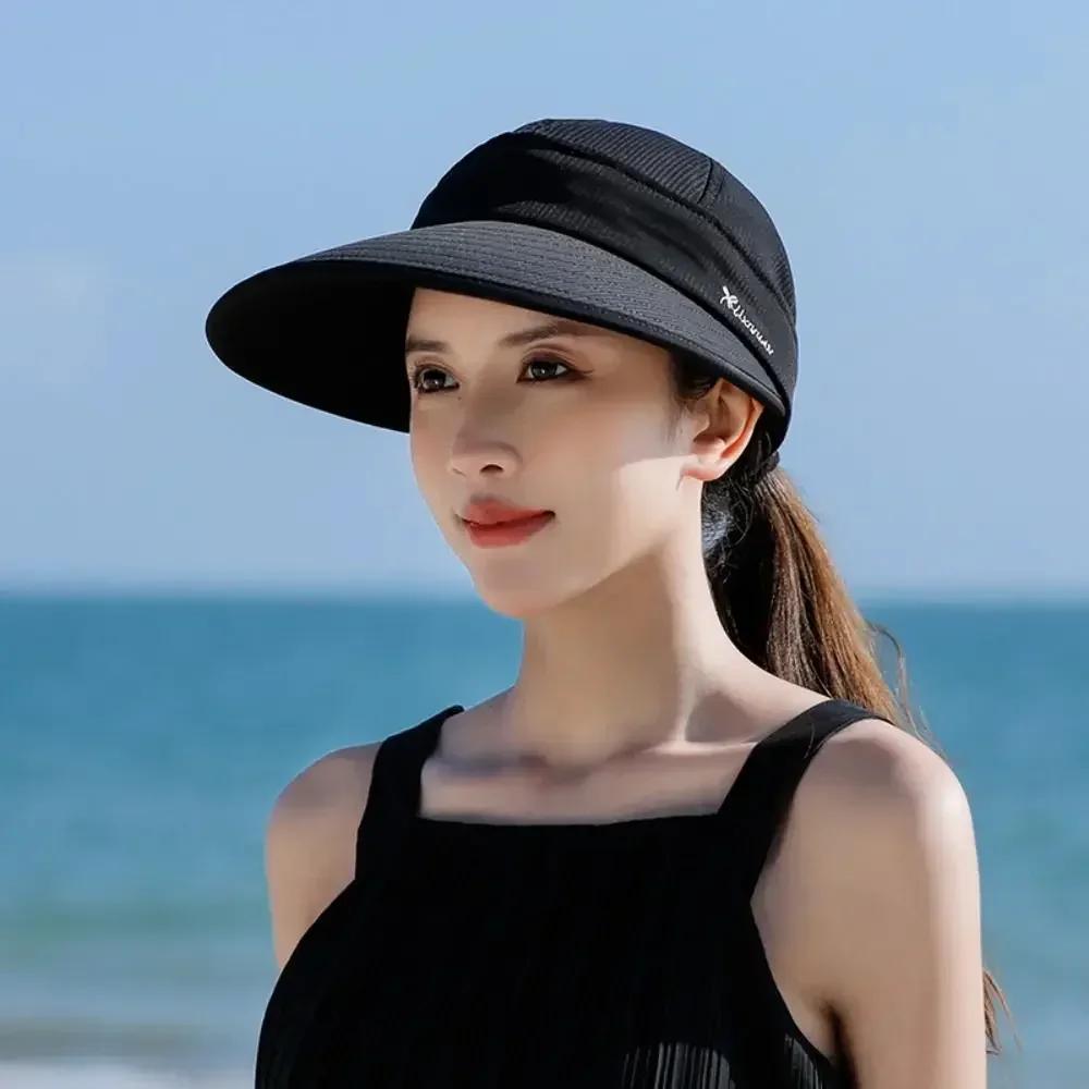 Dual Use Model Women Summer Sun Hat Casual Foldable Wide Brim Detachable Empty Top Ponytail Cap Adjustable UV Protection Sun Hat