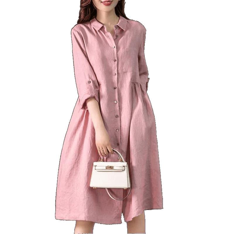 2025 Spring/Autumn Artistic Casual Loose Plus Size Women's Linen Slimming Shirt Dress