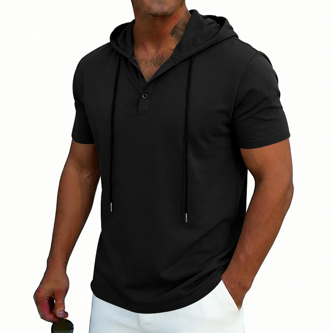 Mens American Retro Casual Loose Short Sleeve Hooded Henley T Shirt S чёрный