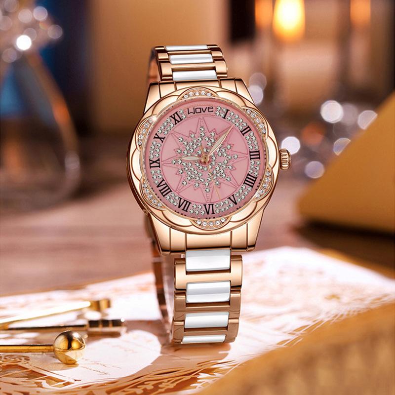 Women Quartz Watch Rhinestone Camellia Wrist Watches for Female Clock